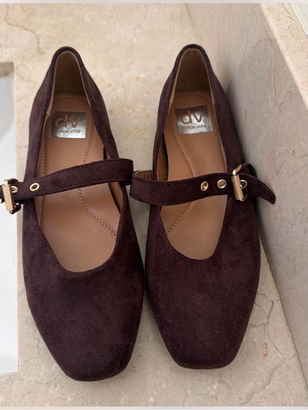 DV by Dolce Vita Dark Brown Suede Mary Jane Flats with Gold Buckles